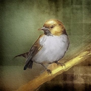Warm en sfeervol schilderij van een lief klein vogeltje op gouden tak van Studio Pieternel
