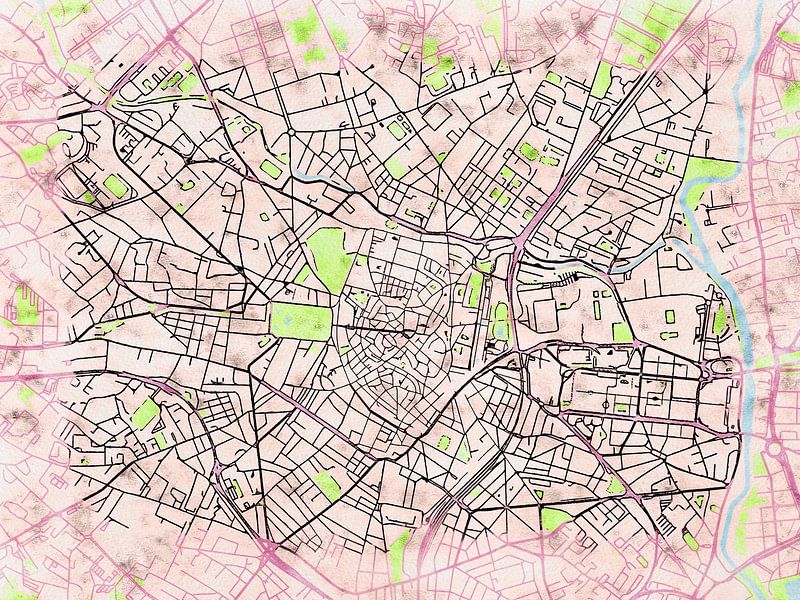 Map of Montpellier centrum with the style 'Soothing Spring' by Maporia