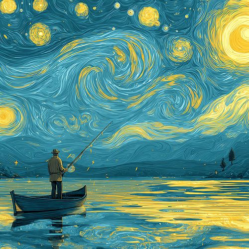 Sterrennacht Visser die kosmische sterren uit het meer vangt