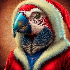 Parrot dressed as Father Christmas (art) by Art by Jeronimo