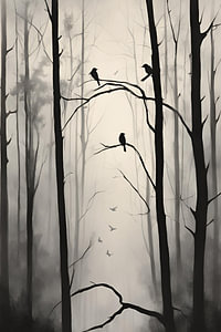 Märchenhaftes Vogel-Wald-Gemälde