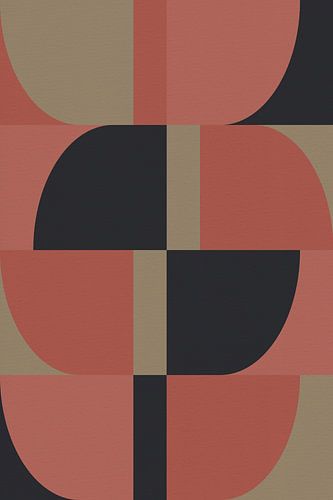 Geometrische retro kunst. Abstracte vormen in rood, roze, zwart, taupe.