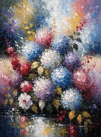 Lebendiges, pastos gemaltes Blumenölgemälde mit Pompon-Dahlien von Artistic