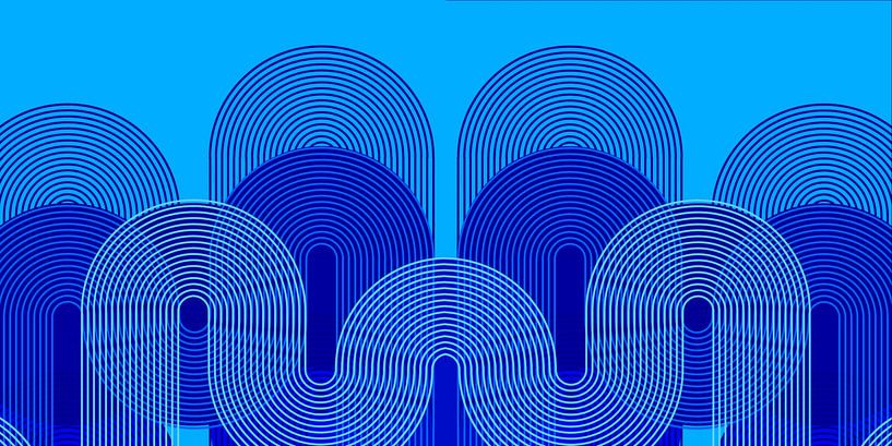 Retro Sunset with Rainbow Geometry Blue by Mad Dog Art