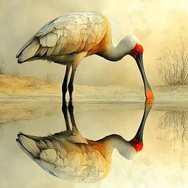 Flüsterndes Gold | Löffler im Spiegelbild, Intime Wandkunst von KRAB