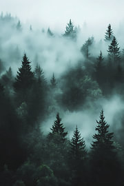 Tiefgrüner Tannenwald im dichten Nebel von Dave Schloffi