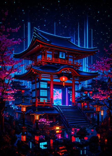 Japanese Shrine Cyberpunk Anime