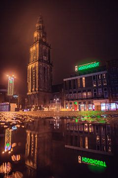 The Martinitoren in the night at the Grote Markt Groningen by Hessel de Jong