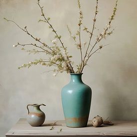 nature morte vase avec branches fleuries pot à lait sur table en bois couleurs rosée précoce. sur J.a Dijkstra