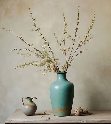 Stillleben Vase mit Zweigen Blüte Milchkännchen auf Holztischplatte frühe Taufarben.