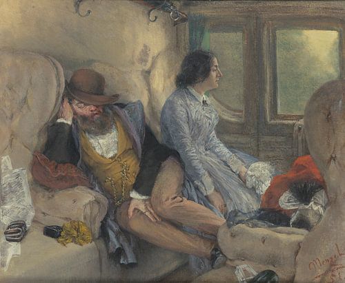 In een treinwagon (Na een nachtelijke reis), Adolph von Menzel