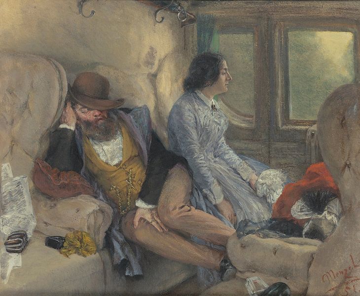 In een treinwagon (Na een nachtelijke reis), Adolph von Menzel van Meesterlijcke Meesters