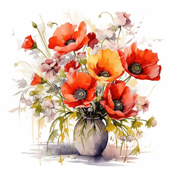 Stilleven met kleurrijke klaprozen in een vaas, aquarel schilderij op wit canvas art design van Animaflora PicsStock