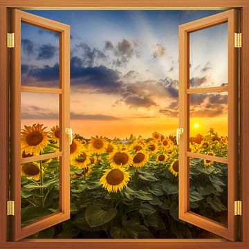 Zicht op zonnebloemen bij zonsondergang van Melanie Viola