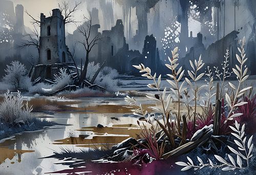 Torenruïnes op een winterse rivieroever