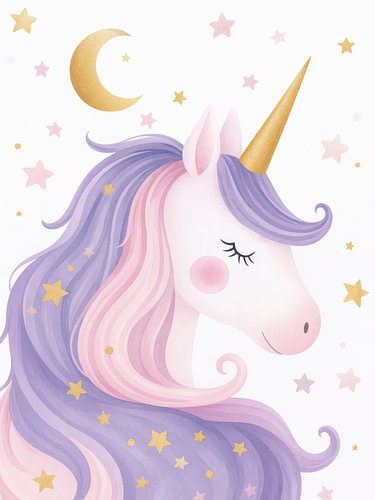 Pastel Unicorn with Golden Moon and Stars
