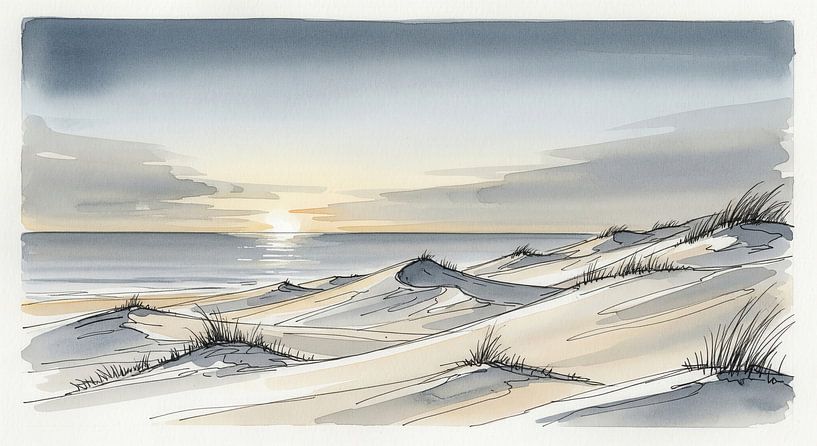 Watercolor Landscape of Sand Dunes and Ocean Sunset by Markus Gann