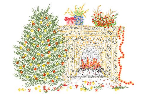 Pointillisme kunstwerk KERSTTAFEREEL MET OPEN HAARD, CADEAUS EN KERSTBOOM. In de kleuren groen, blauw, rood, beige en oranje