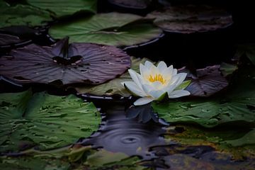 Water lily panorama with green purple leaves by marlika art