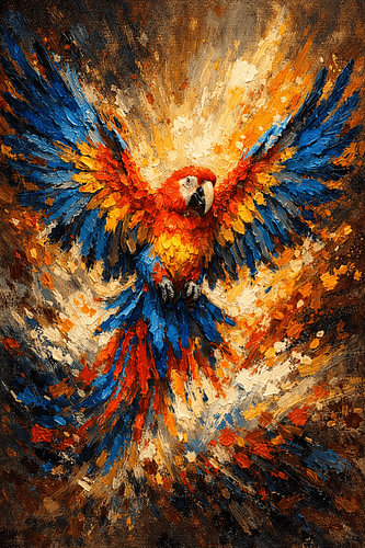 Wings of Fire – Farbenprächtiger Ara-Papagei mit ausgebreiteten Flügeln – Ausdrucksstarkes Tiergemälde – Luxuriöse Wanddekoration mit tropischem Vogelmotiv