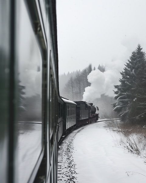 Dampflokzug durch Winterlandschaft von fernlichtsicht