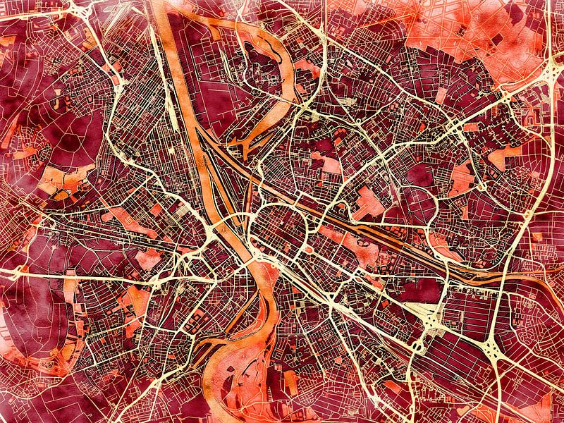 Map of Mannheim with the style 'Amber Autumn' by Maporia