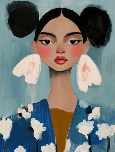 Meisje in blauw en wit met grote oorbellen