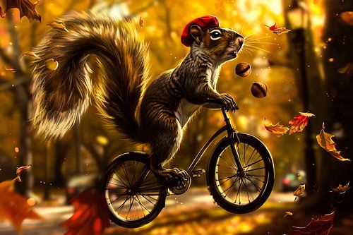 Eekhoorn op fiets in herfst