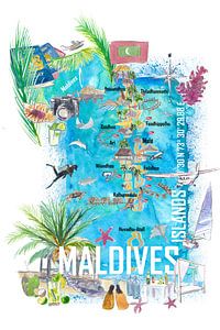 Malediven Inseln Illustrierte Reisekarte mit Urlaubsträumen und Hideaways