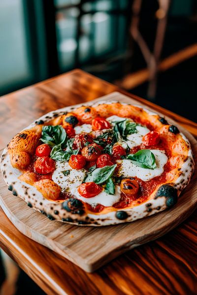 Fresh pizza with basil and tomatoes by Poster Art Shop