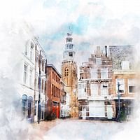 Watercolour painting of the Bellamypark and in the background the St Jacob church in Flushing, Zeeland