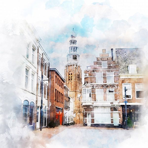 Watercolour painting of the Bellamypark and in the background the St Jacob church in Flushing, Zeeland by Danny de Klerk