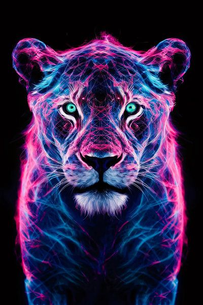 Lion bioluminescent futuriste aux lumières colorées par Art & Soul Creations