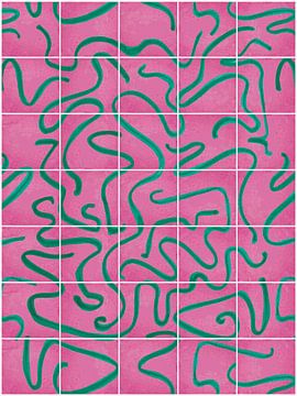 Modern en abstracte lijnen op een tegelpatroon, roze - groen van Mijke Konijn