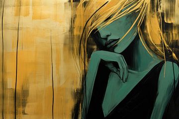 Luxe abstract portret van een vrouw in goud zwart en groen van Digitale Schilderijen