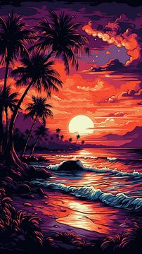 Foto: Farbenfroher Lilula Beach Oahu Sonnenuntergang von Blikvanger Schilderijen