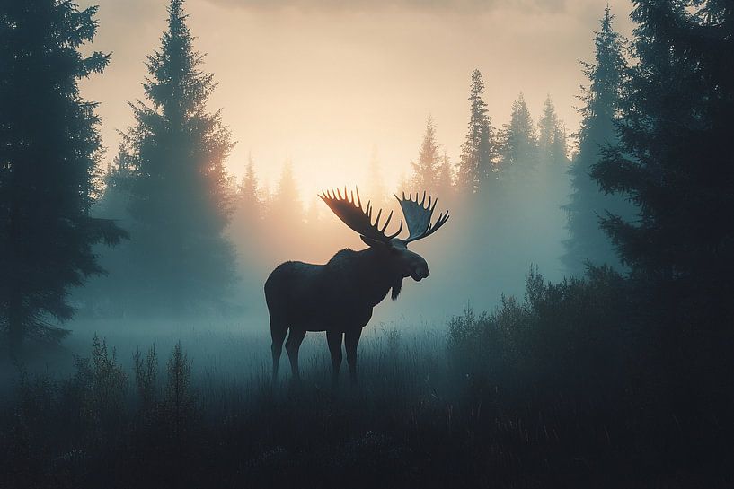 Moose in misty forest by Imperial Art House