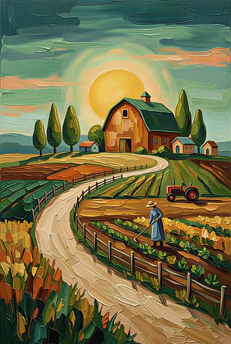 Impasto Farmhouse Landscape with Farmer and Sunset Glow