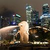 Merlion und Skyline bei Nacht, Singapur von Peter Schickert