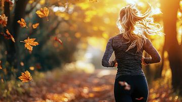 Young woman jogging in the autumn forest by Frank Heinz