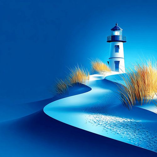 Lighthouse on a snowy dune at night