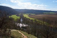 Mooi panoramisch uitzicht op rivierlandschap met bomen en velden onder blauwe hemel