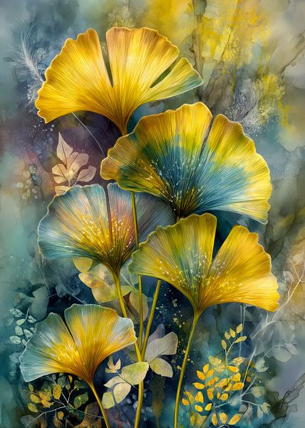 Painterly florals Evergreen Ginkgo Biloba 2 by JBJart Justyna Jaszke