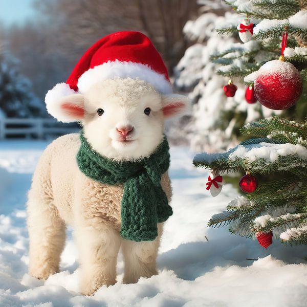 Schattig lammetje met sjaal en kerstmuts van Laly Laura