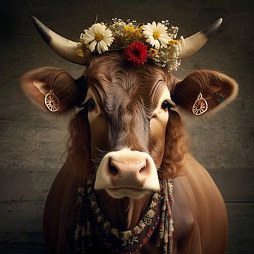 Kuh "Curly" mit Kopfschmuck aus Blumen von YArt