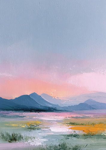 Pastel landscape with lake and mountains