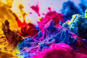 Explodierende flüssige Farbe in Regenbogenfarben mit Spritzern, Illustration