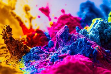 Explodierende flüssige Farbe in Regenbogenfarben mit Spritzern, Illustration von Animaflora PicsStock