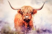 Scottish Highlander in a field of flowers