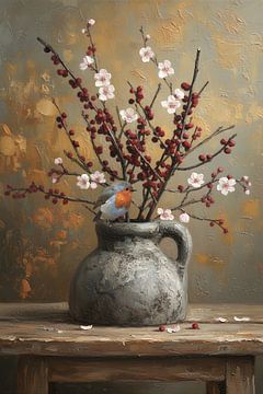 Stilleven olieverf schilderij roodborstje van By Marjolein Design